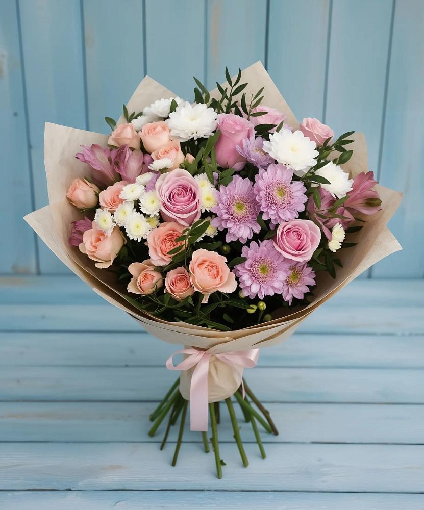 Букет цветов из: Хризантемы, Розы и Альстромерии в ВНИИССе