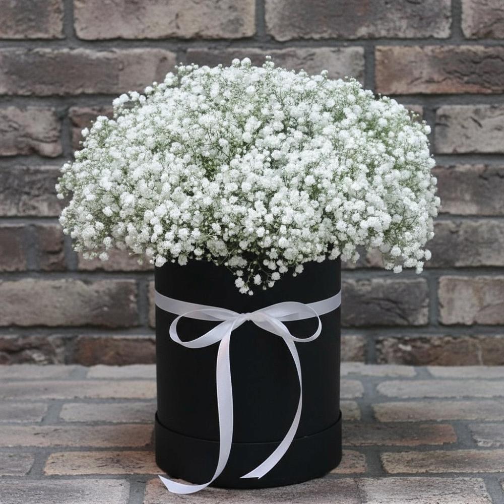 Цветочная композиция из Гипсофила в шляпной коробке в ВНИИССе