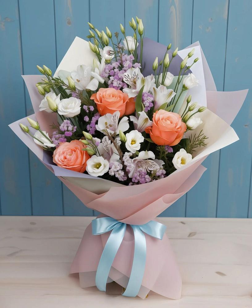 Букет цветов из: Лизиантусы, Розы, Альстромерии и Гипсофила в ВНИИССе