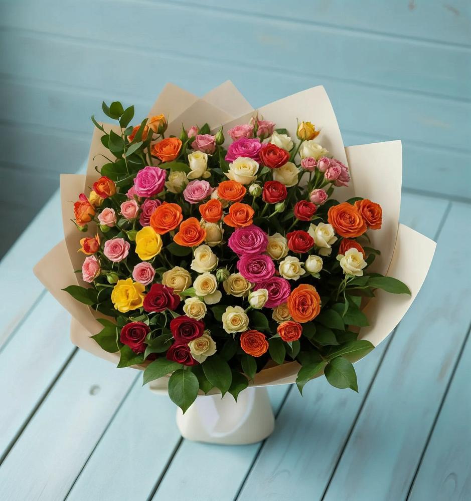 Букет Микс из разноцветных кустовых роз в ВНИИССе