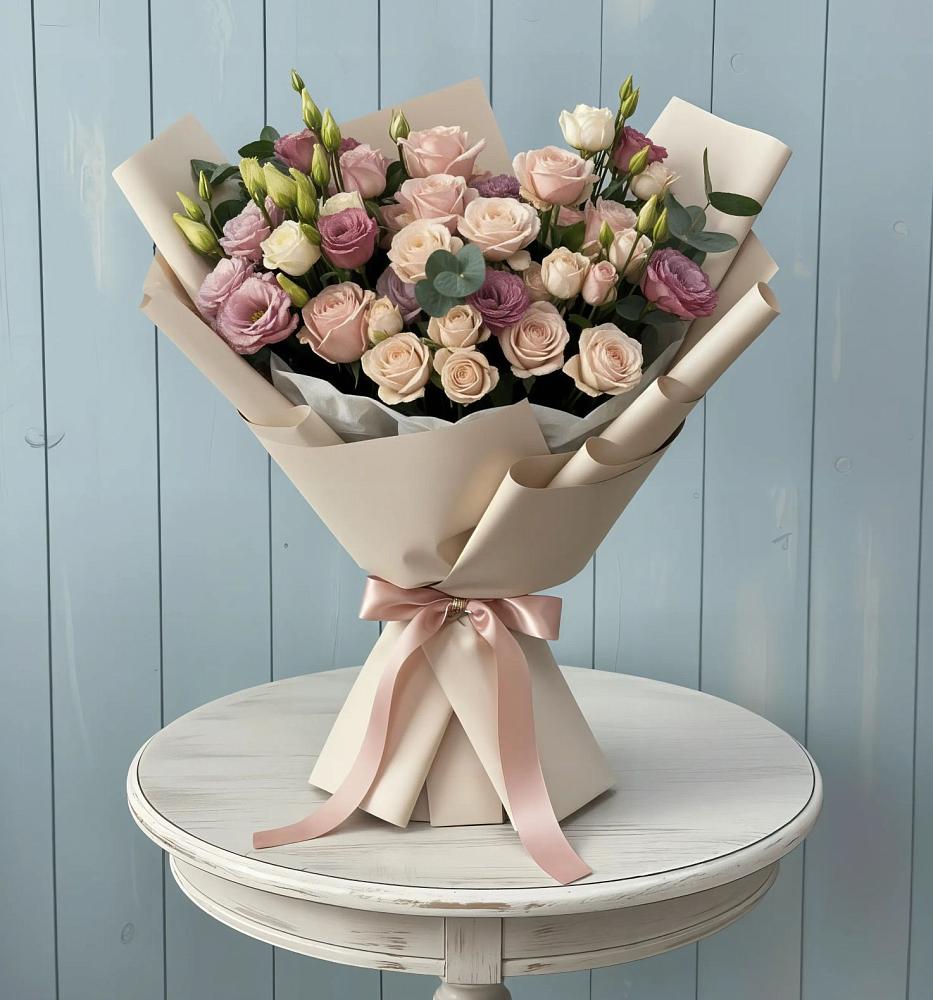 Букет цветов из: Розы и Лизиантусы в ВНИИССе