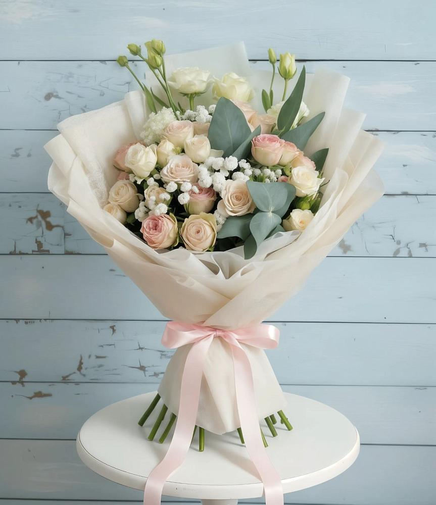 Букет цветов из: Розы и Лизиантусы в ВНИИССе