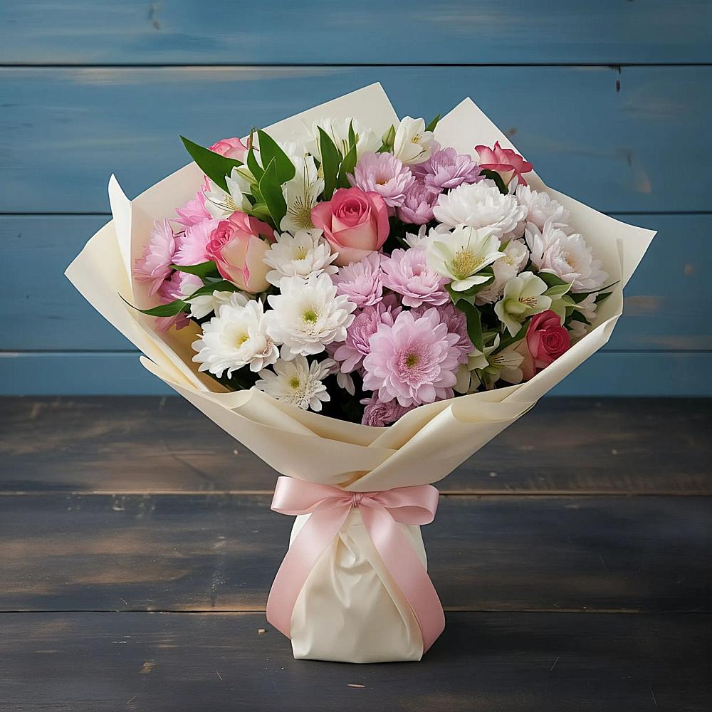 Букет цветов из: Хризантемы, Альстромерии и Розы в ВНИИССе